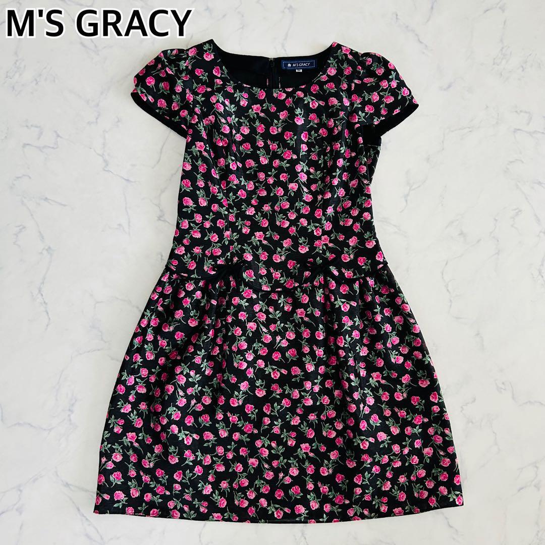 M'S GRACY エムズグレイシー 花柄 フレア ワンピース Aライン 薔薇柄 リボン パフスリーブ M拍卖