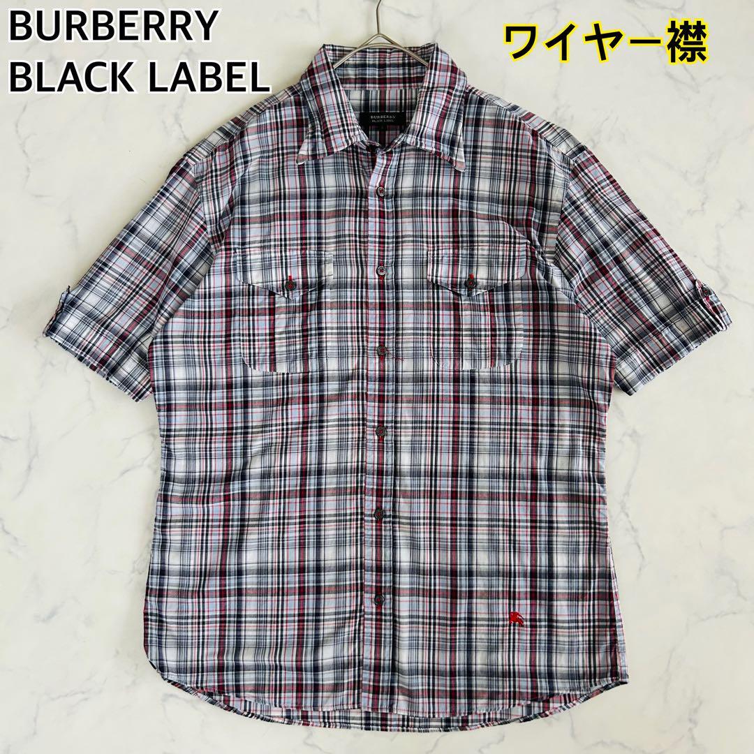 BURBERRY BLACK LABEL バーバリーブラックレーベル Mサイズ ワイヤー襟 半袖シャツ ホースロゴ刺繍 ロゴ刻印ボタン チェック拍卖