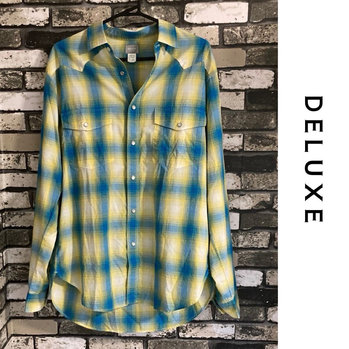 DELUXE デラックス 長袖シャツ メンズ オンブレチェック イエロー ブルー カーディガン拍卖