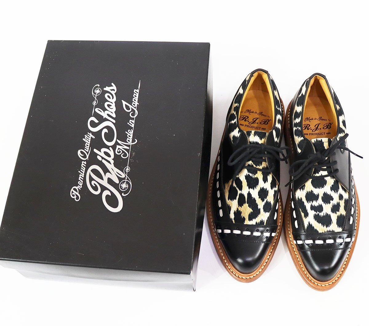 RJB (アールジェイビー) FLAT LOW SHOES / フラットローシューズ コードバン × アニマル L103 未使用品 ブラック × ヒョウ size 7拍卖