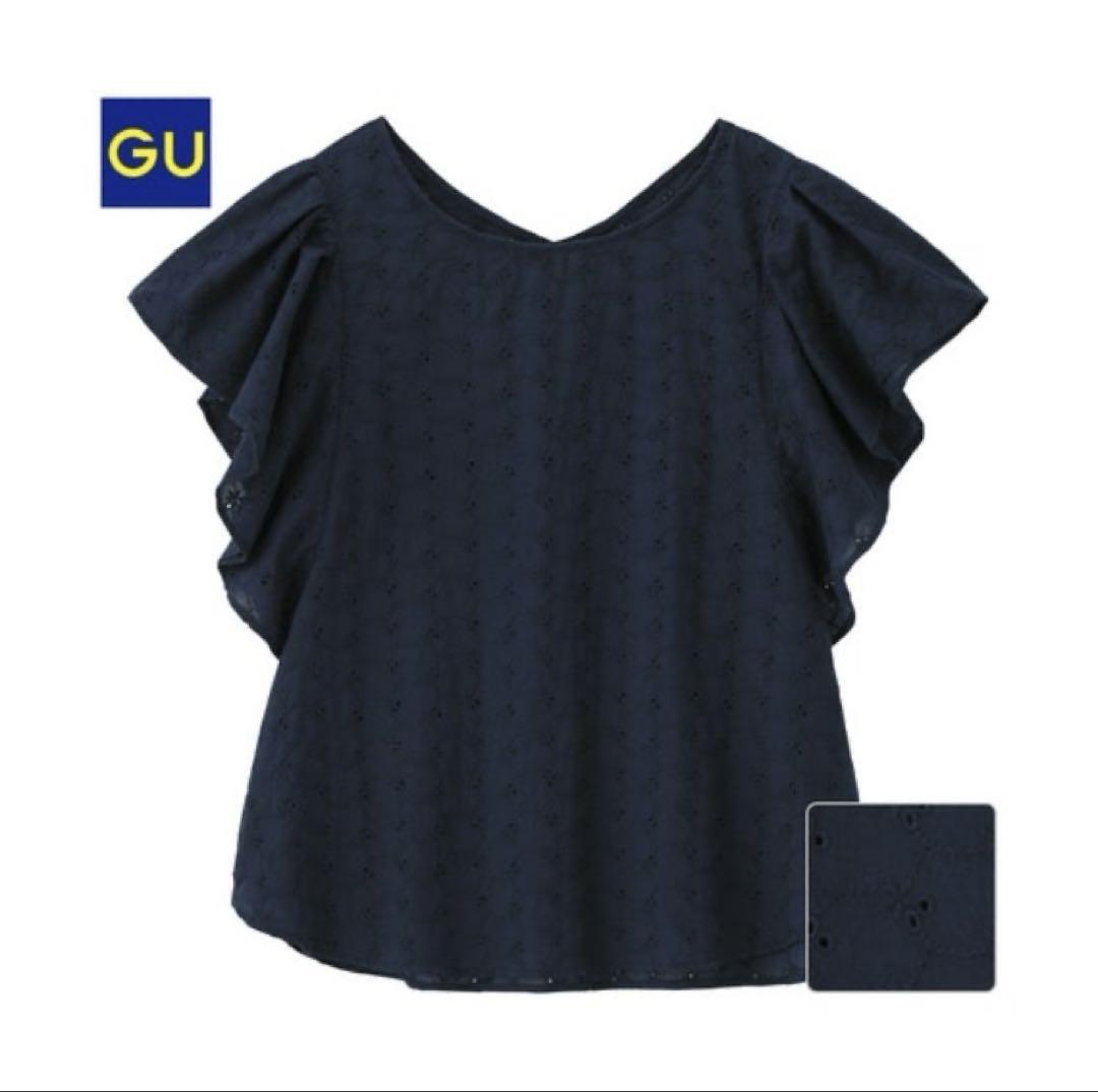 ジーユー GU 半袖ブラウス【M】フリルスリーブ 紺 ネイビー 花柄刺繍拍卖