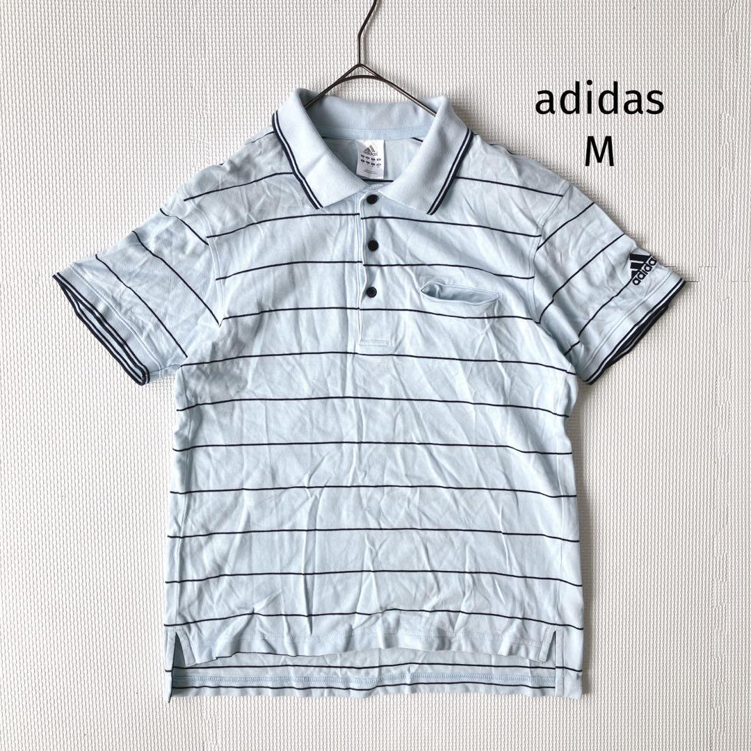 アディダス adidas ポロシャツ【M】ボーダー 刺繍ロゴ 水色×黒拍卖