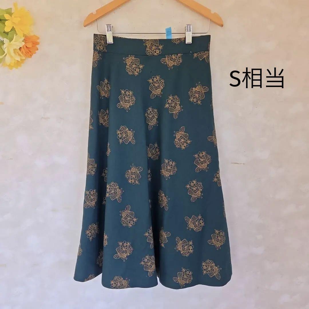 花柄 エスニック レトロ スカート【S相当】モスグリーン フレア 膝下丈拍卖