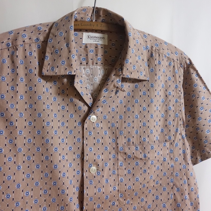 【良好 50's KAUFMANN'S 小紋柄 ループカラーシャツ S】総柄 ビンテージ オープンカラー ボックス 60's 拍卖
