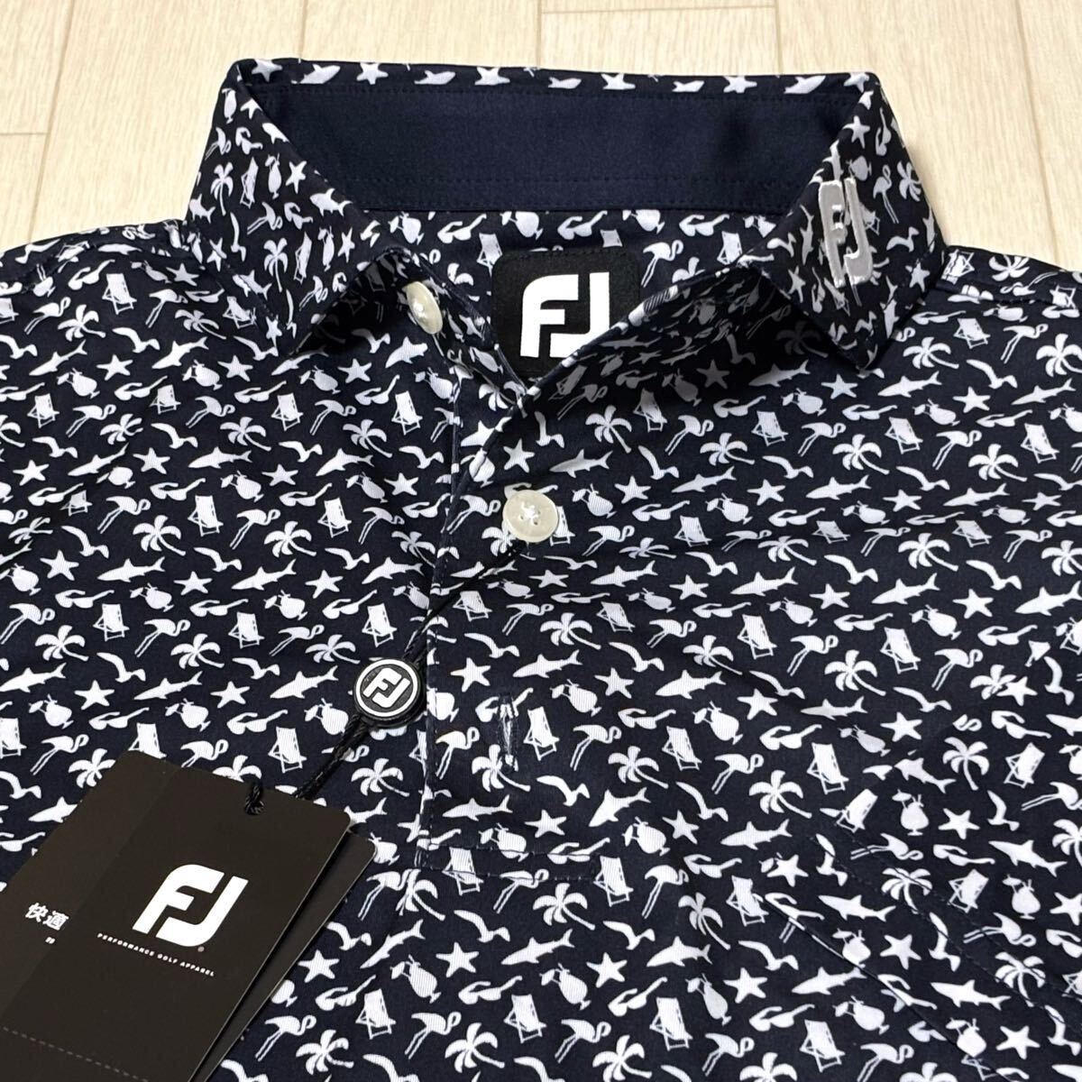 新品◆FootJoy フットジョイ ビーチプリント 吸汗速乾 4Wayストレッチ 半袖ポロシャツ/ネイビー/サイズL/送料185円拍卖