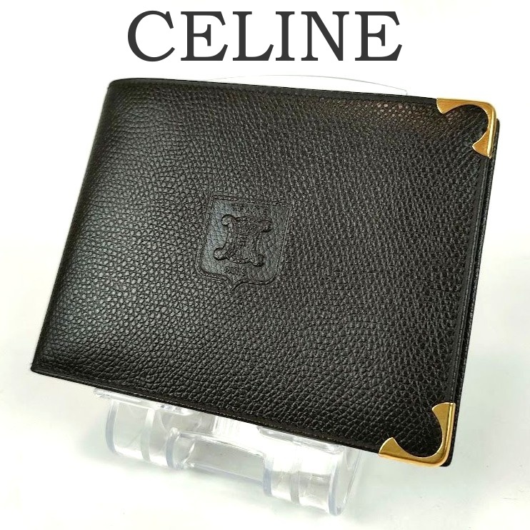 未使用級 セリーヌ CELINE トリオンフ 二つ折り 財布 レザー 本革 ブラック 黒 ロゴ柄型押し ID 小銭入れ無し メンズ ヴィンテージ 札入れ拍卖