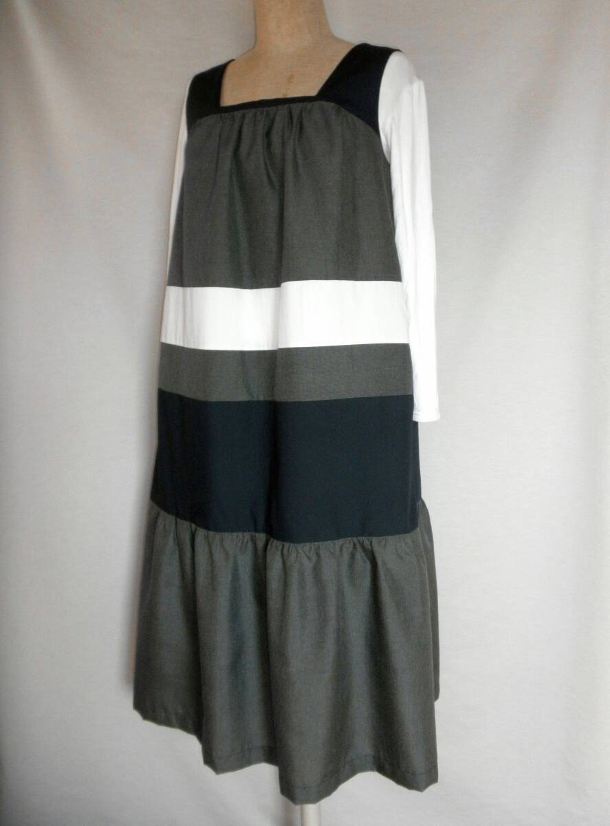 aハンドメイド ノースリーブボーダー切り替えワンピースM (裏なし) 黒×黒ベージュ×オフしろ拍卖
