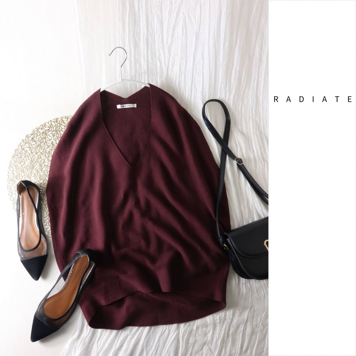 ラディエイト RADIATE☆ホールガーメントVネックフレンチスリーブニット 日本製 SCOT CLUB☆M-B 4640拍卖