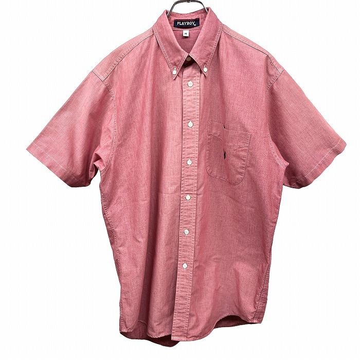プレイボーイ PLAYBOY シャツ ボタンダウン 平織 ウサギの刺繍 胸ポケット 半袖 ショートスリーブ M ヘザーピンク メンズ拍卖