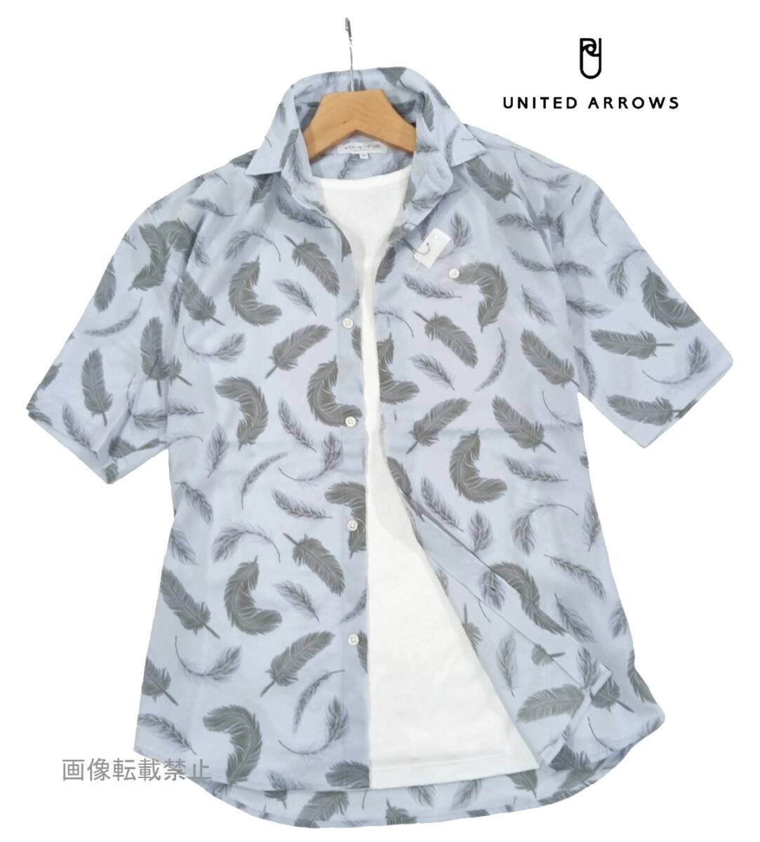 新品 ☆ ユナイテッドアローズ 大人カジュアル フェザープリント 半袖 シャツ M ライトグレー 柄シャツ UNITED ARROWS メンズ拍卖