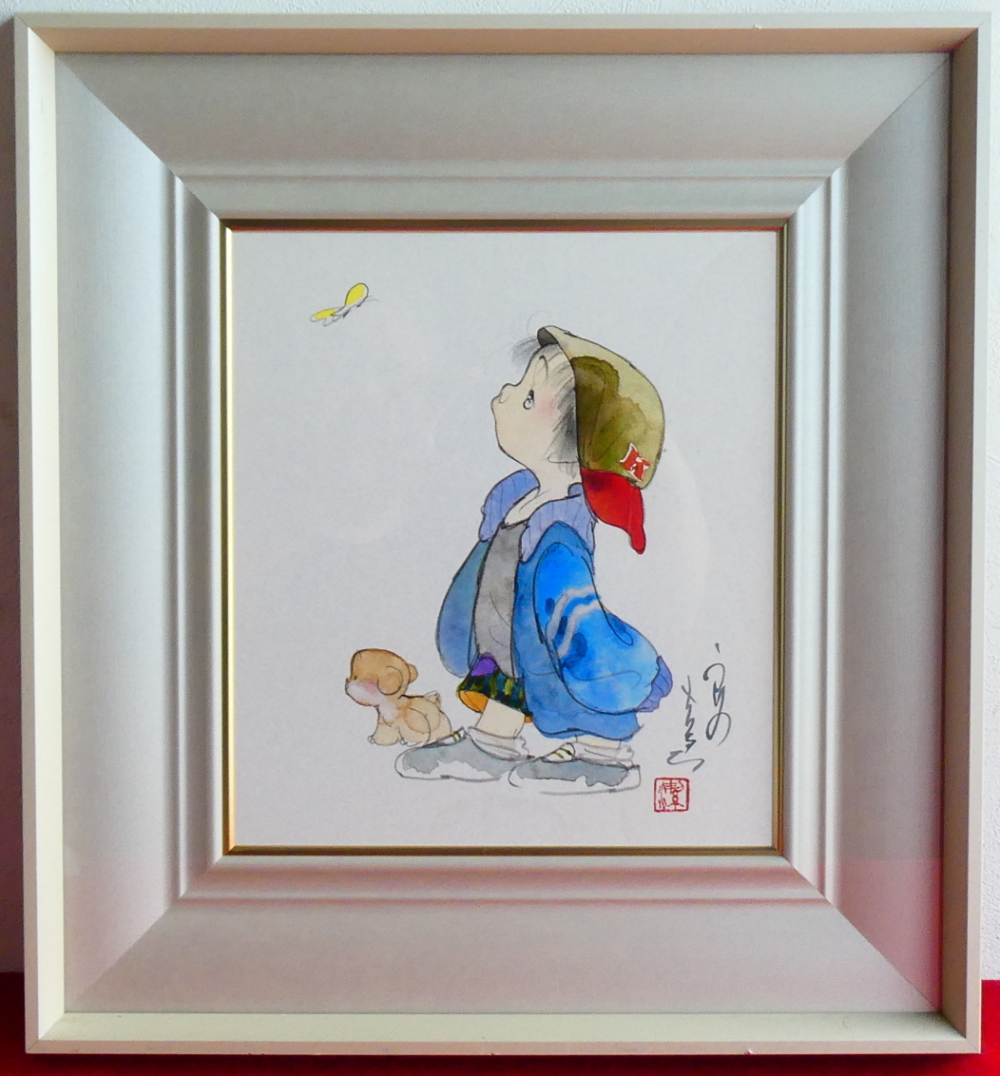 【真作】■中島潔 うめ吉 肉筆水彩 イラスト 直筆サイン入り 色紙 額装■拍卖