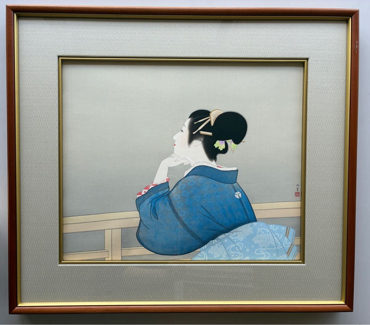 上村松園 日本画 美人画 木版画 「待月」 91/350 真作 共シール拍卖