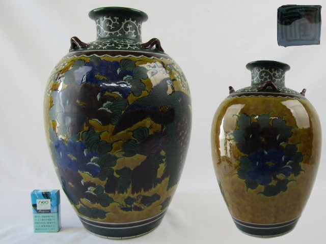 【Y】◇九谷焼 青手九谷 古九谷風 四耳 大型 花瓶 高さ42cm Y5-0629◇拍卖