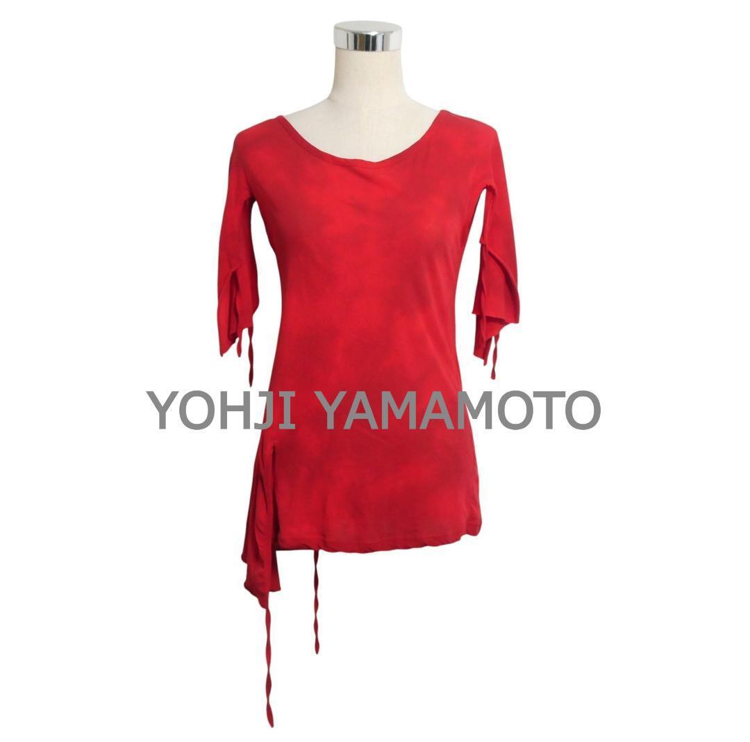 美品 YOHJI YAMAMOTO ヨウジヤマモト サイズ2 コットン 総柄 リボン アシンメトリー 半袖 五分袖 カットソー Tシャツ ブラウス 赤 レッド拍卖