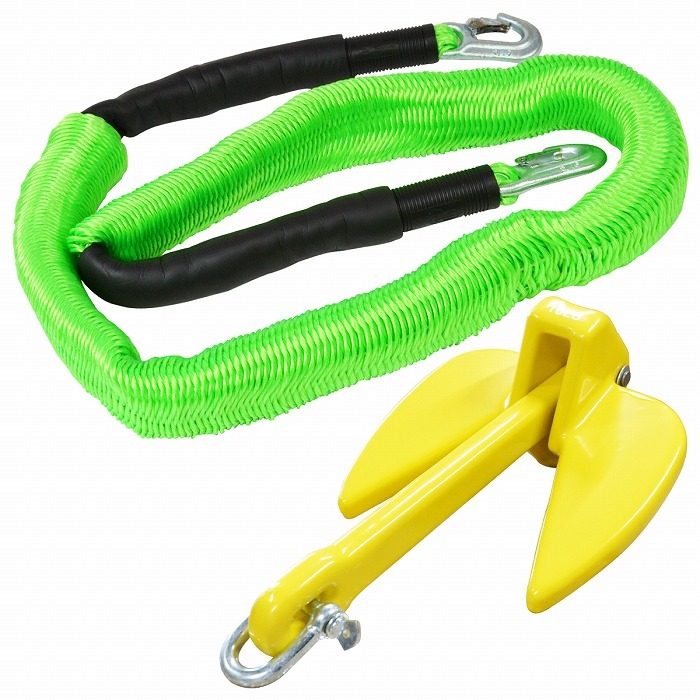 『伸縮ロープ/アンカーセット』ジェットスキー 爪型 アンカー 10LBS 4.5kg 黄色 6M フロート のびのび アンカー ロープ 緑拍卖
