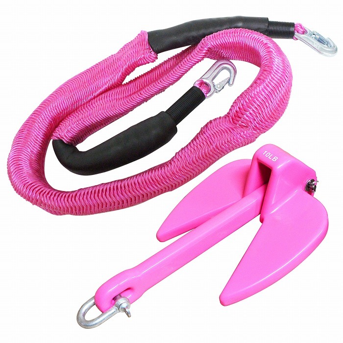 『伸縮ロープ/アンカーセット』爪型 アンカー 10LBS 4.5kg ピンク 6M フロート のびのび アンカー ロープ ピンク拍卖