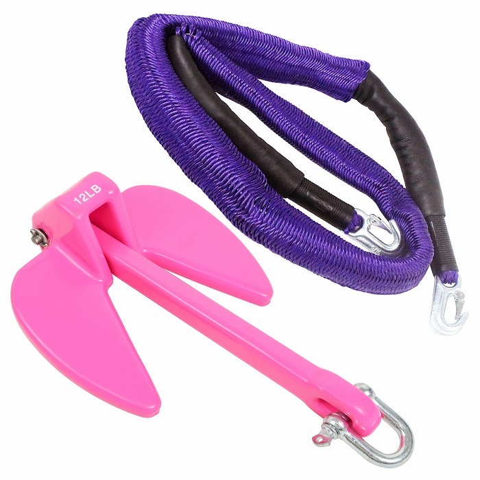 『伸縮ロープ/アンカーセット』ジェットスキー 爪型 アンカー 12LBS 5.5kg ピンク 6M フロート のびのび アンカー ロープ 紫拍卖