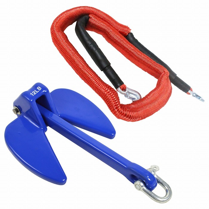 『伸縮ロープ/アンカーセット』ジェットスキー 爪型 アンカー 12LBS 5.5kg 青 6M フロート のびのび アンカー ロープ 赤拍卖