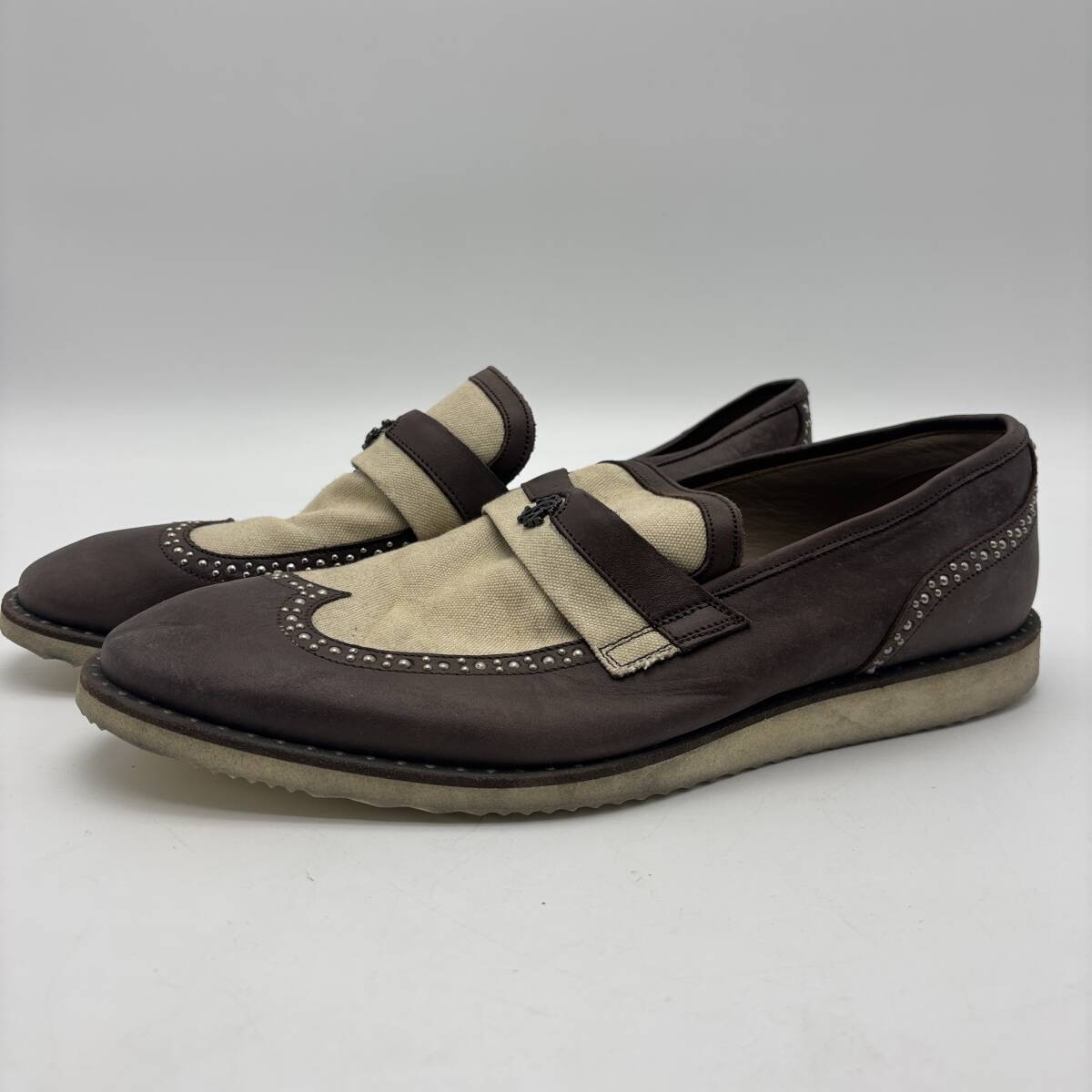 Roberto Cavalli ロベルトカヴァリ スタッズ ローファー ブラウン キャンバス×レザー EU40 25.5cm メンズ イタリア製 高級 革靴 中古 稀少拍卖