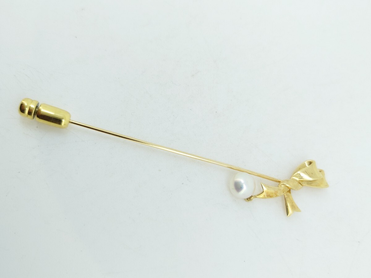 ミキモト MIKIMOTO パール リボンモチーフ ピンブローチ k18拍卖