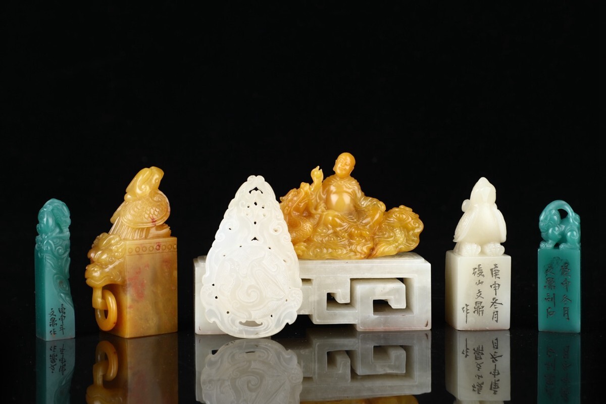 「清 文鼎作 老寿山石 彫り 印章擺件 1セット」極細工 擺件 古賞物 中国古美術 旧蔵出拍卖