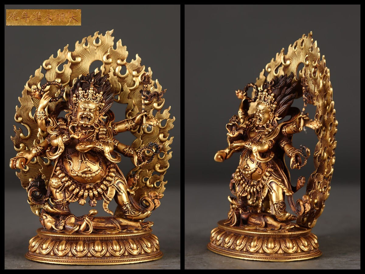 「明代 大明永楽年施 古銅彫 塗金六臂瑪哈戛拉 大黒天立像」旧銅器 置物擺件 賞物 中国古美術 旧蔵出拍卖