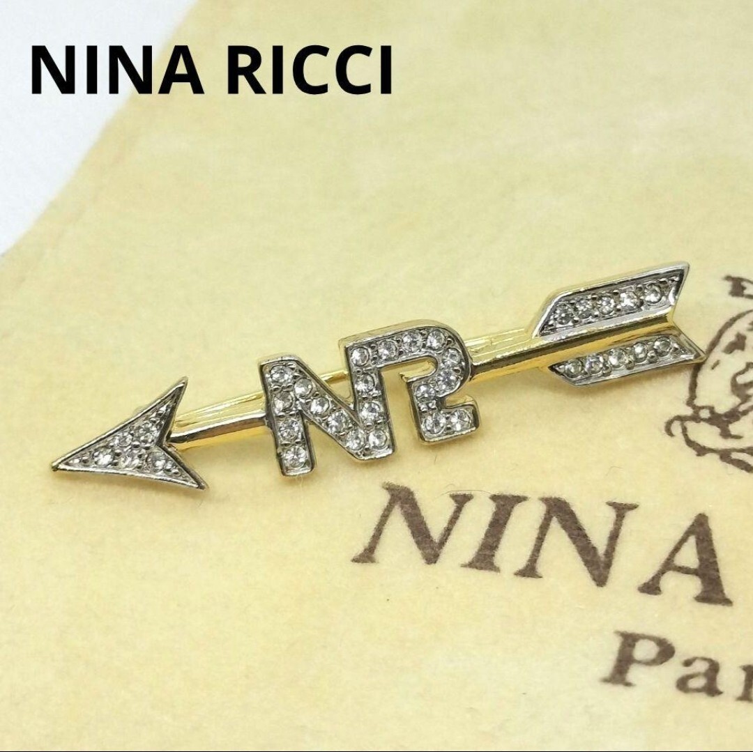 【S】ニナリッチ NINA RICCI ロゴ アロー ラインストーン ブローチ 保存袋付拍卖