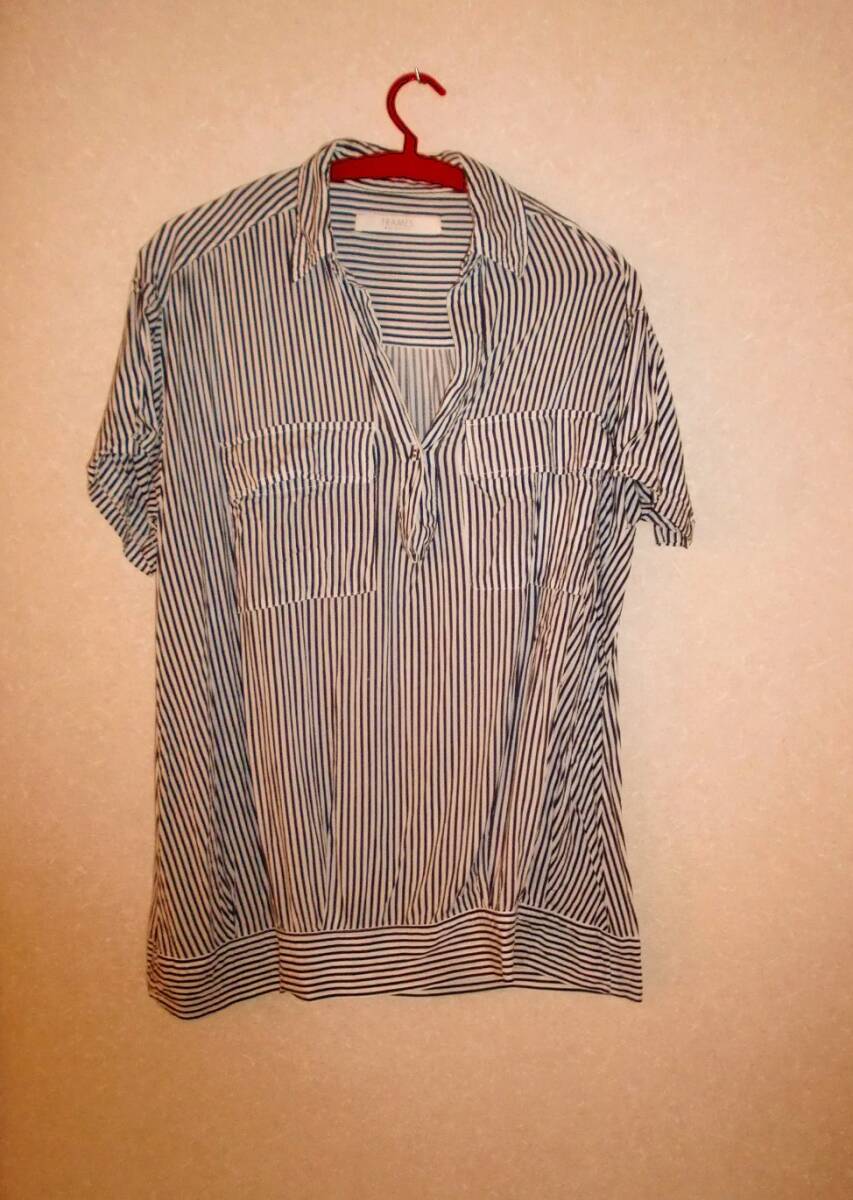 レイカズンframes ray cassin夏2wayロールアップ半袖シャツブラウスゆったり大きめストライププルオーバートップスキッパーフリーサイズ拍卖