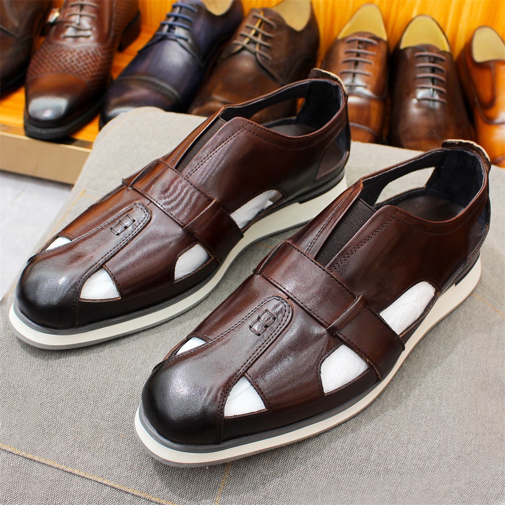 超希少■サンダル 本革 透かし彫り レザーシューズ 職人手作り 高級本革 紳士靴 革靴 ビジネスシューズ スリッパ レトロ 珈琲色24.5~28cm拍卖