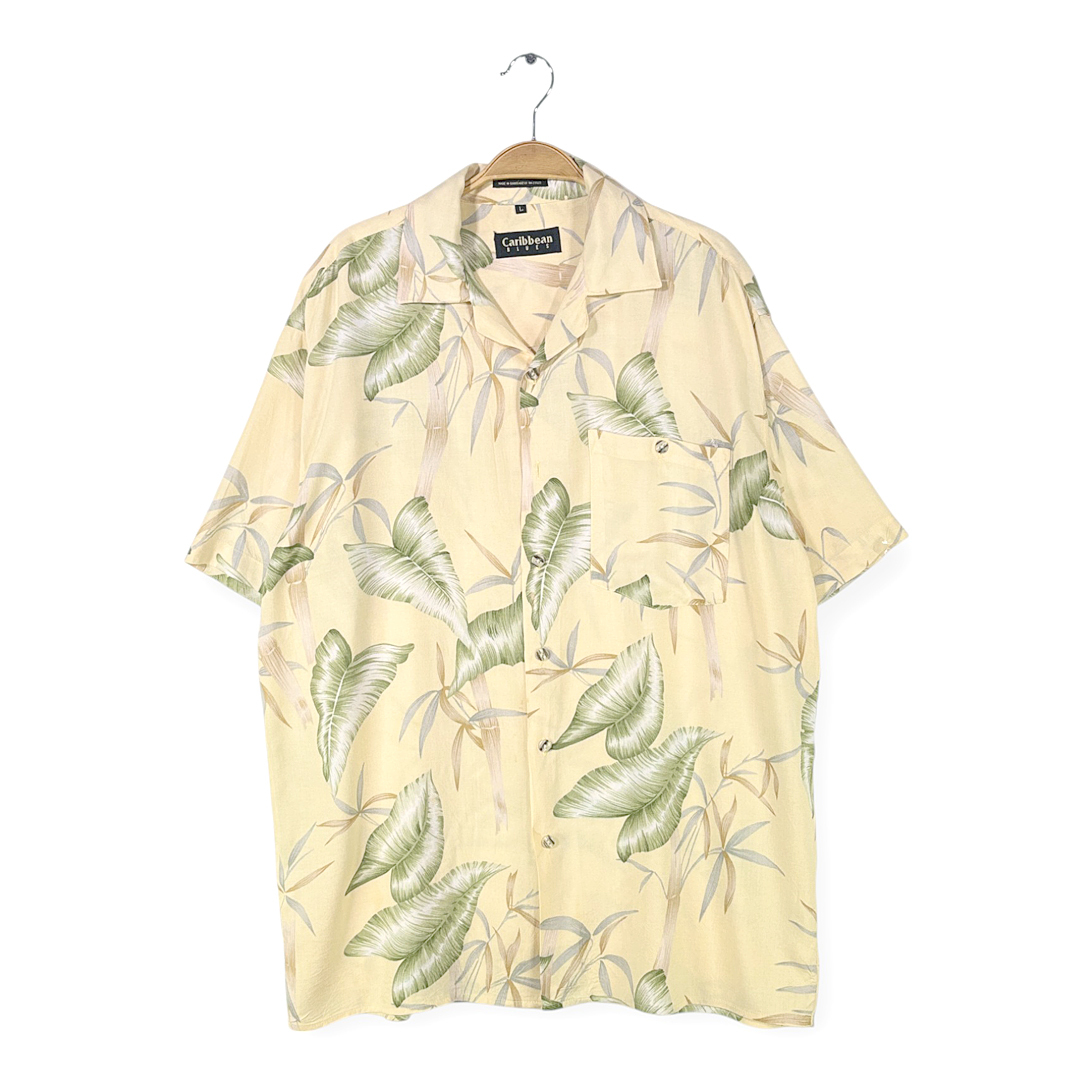 【送料無料】カリビアンブルース レーヨン アロハシャツ 開襟 オープンカラー ボタニカル 総柄 イエロー 半袖シャツ メンズL 古着 @CD9009拍卖