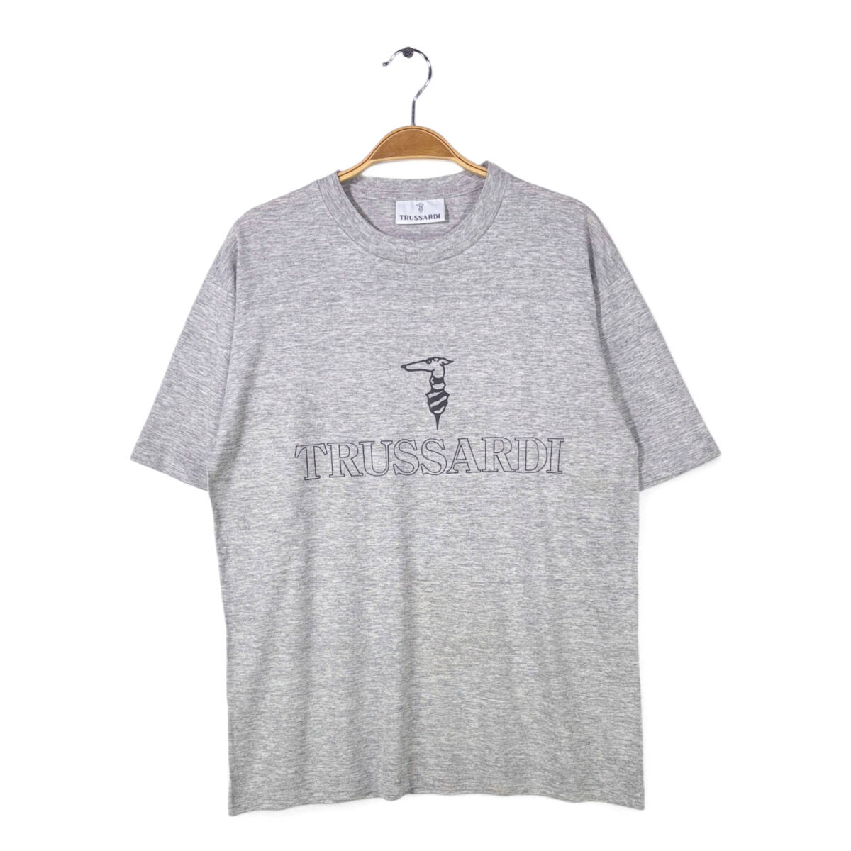 【送料無料】80s トラサルディー ヴィンテージTシャツ フロントロゴ 霜降りグレー シングルステッチ TRUSSARDI メンズM相当 古着 @BZ9019拍卖