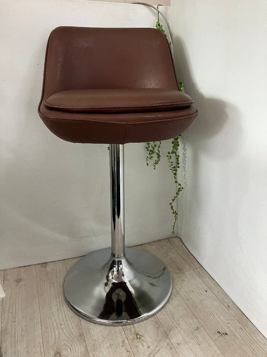 ma パブリック◆在庫7脚 レトロ カウンターチェア ハイチェア 回転 スタンド バー ダイナー 飲食 店舗什器 合皮 赤茶 1脚/ヴィンテージb拍卖