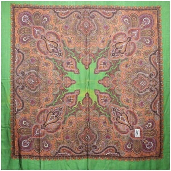57326 イヴサンローラン シルク 大判スカーフ グリーン×ブラウン ペイズリー柄 中古 Bランク YVES SAINT拍卖