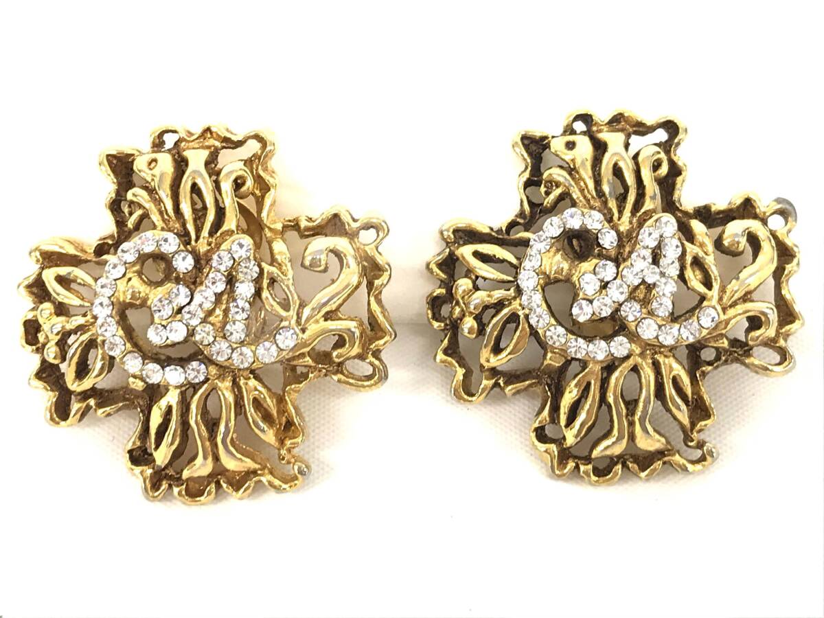 T07/064 CHRISTIAN LACROIX クリスチャンラクロワ 十字型 ラインストーン 両耳 イヤリング ゴールド拍卖