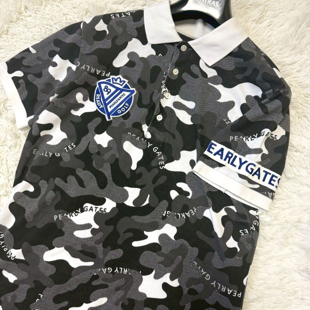 未使用級/近年モデル/Lサイズ パーリーゲイツ PEARLY GATES ポロシャツ ゴルフウェア 迷彩 カモフラ ワッペン 刺繍 王冠 キング 吸汗速乾 5拍卖