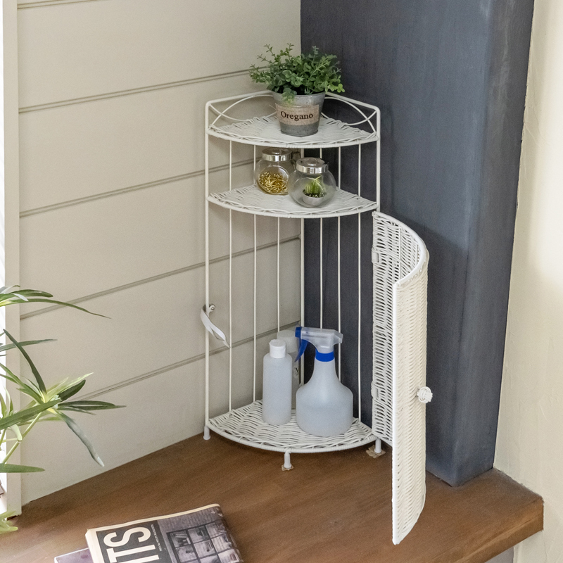 コーナーラック 2段 ラタン調 人工ラタン ポリエチレン 扉付き コーナー収納 トイレラックにも ホワイト TME-66 WH拍卖