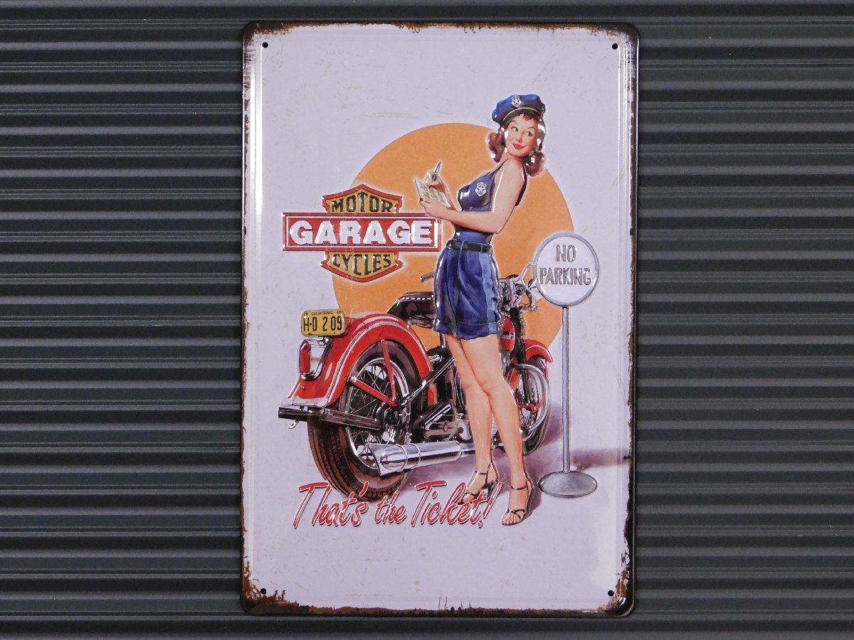 ◆送料\185◆【GARAGE GIRL】※《エンボスメタルサイン / 300×200mm》 アメリカン雑貨 エンボス看板 ブリキ看板 セクシー美女拍卖
