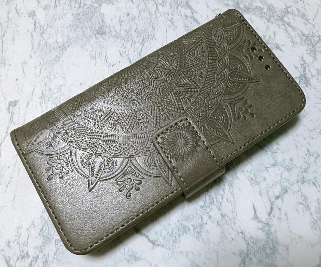 手帳型 iPhone15 用 スマホケース マンダラ グレー 灰色拍卖