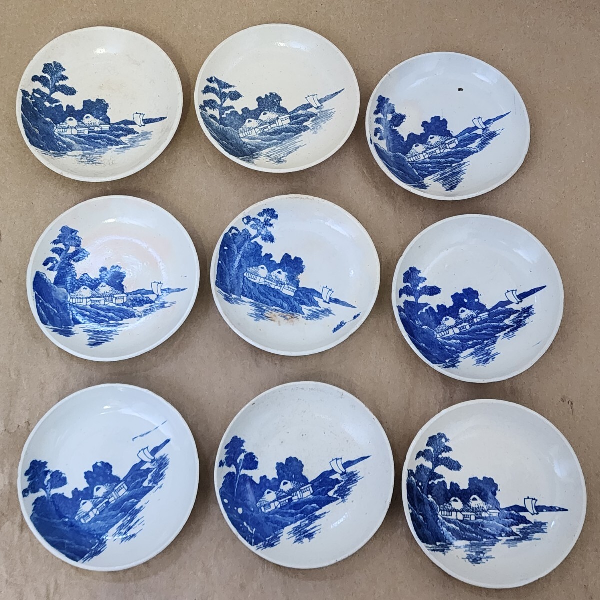 染付山水 4寸 印判小皿 9枚 中古 /骨董/アンティーク/食器/陶磁器/拍卖