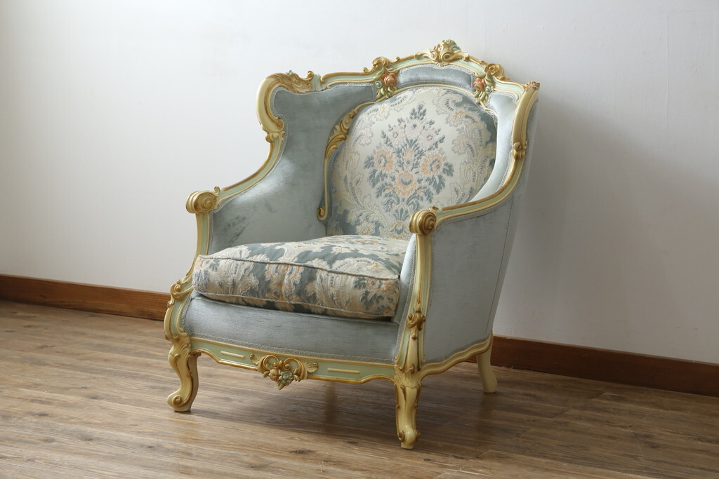 R-075714 中古 イタリア高級家具 マリオ・コルチャゴ Fratelli Origgi ロココ調 1人掛けソファ(アームチェア、ラウンジチェア、椅子、1P)拍卖