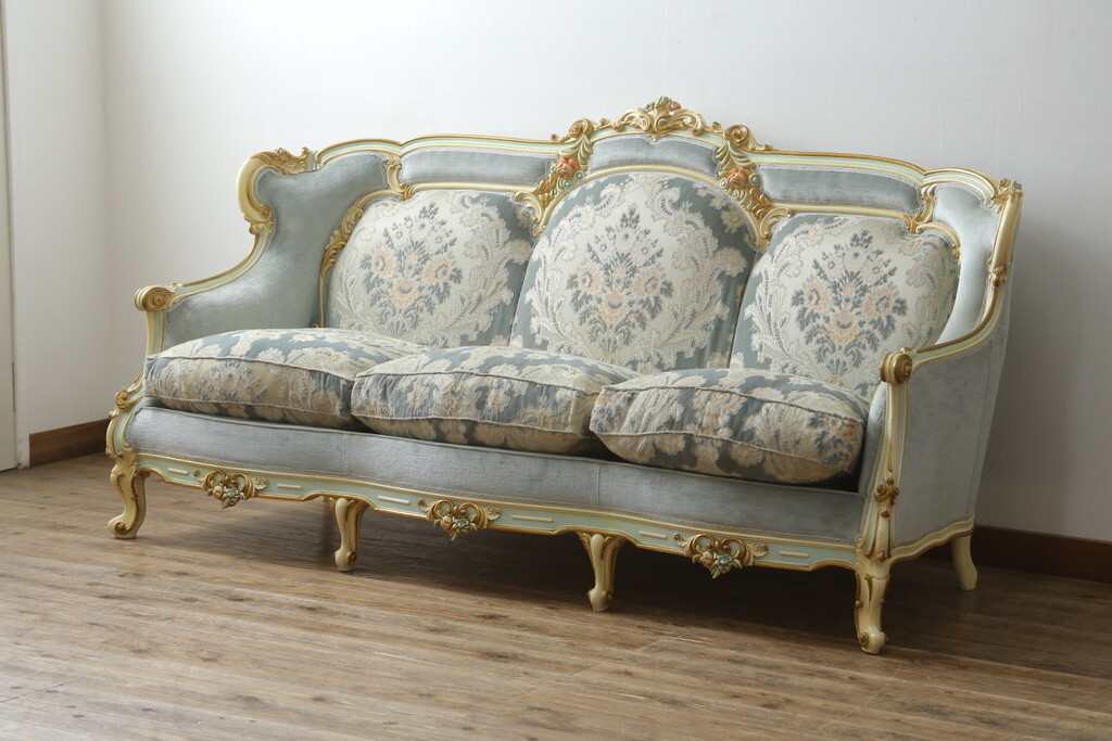 R-075713 中古 イタリア高級家具 マリオ・コルチャゴ Fratelli Origgi ロココ調 デザインがエレガントな3人掛けソファ(三人掛けソファ、3P)拍卖