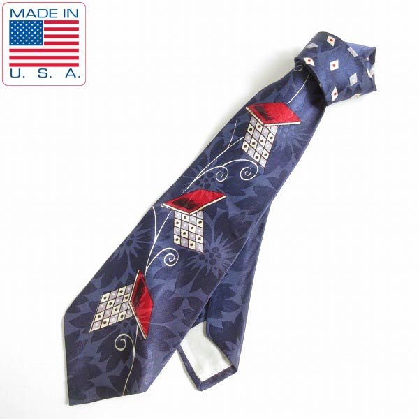 一点物 50s USA製 ダイヤ柄×ボタニカル ロカビリー ネクタイ 紺系 花柄 ビンテージ アメリカ製 希少 D147-72-0003ZV拍卖