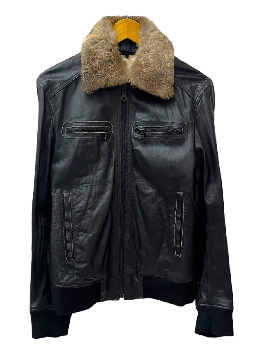 BARK TANNAGE (バークタンネイジー) レザージャケット ジップアップ 革ジャン 豚革 ラビットファー BT53B21PL 48 ブラック メンズ/006拍卖