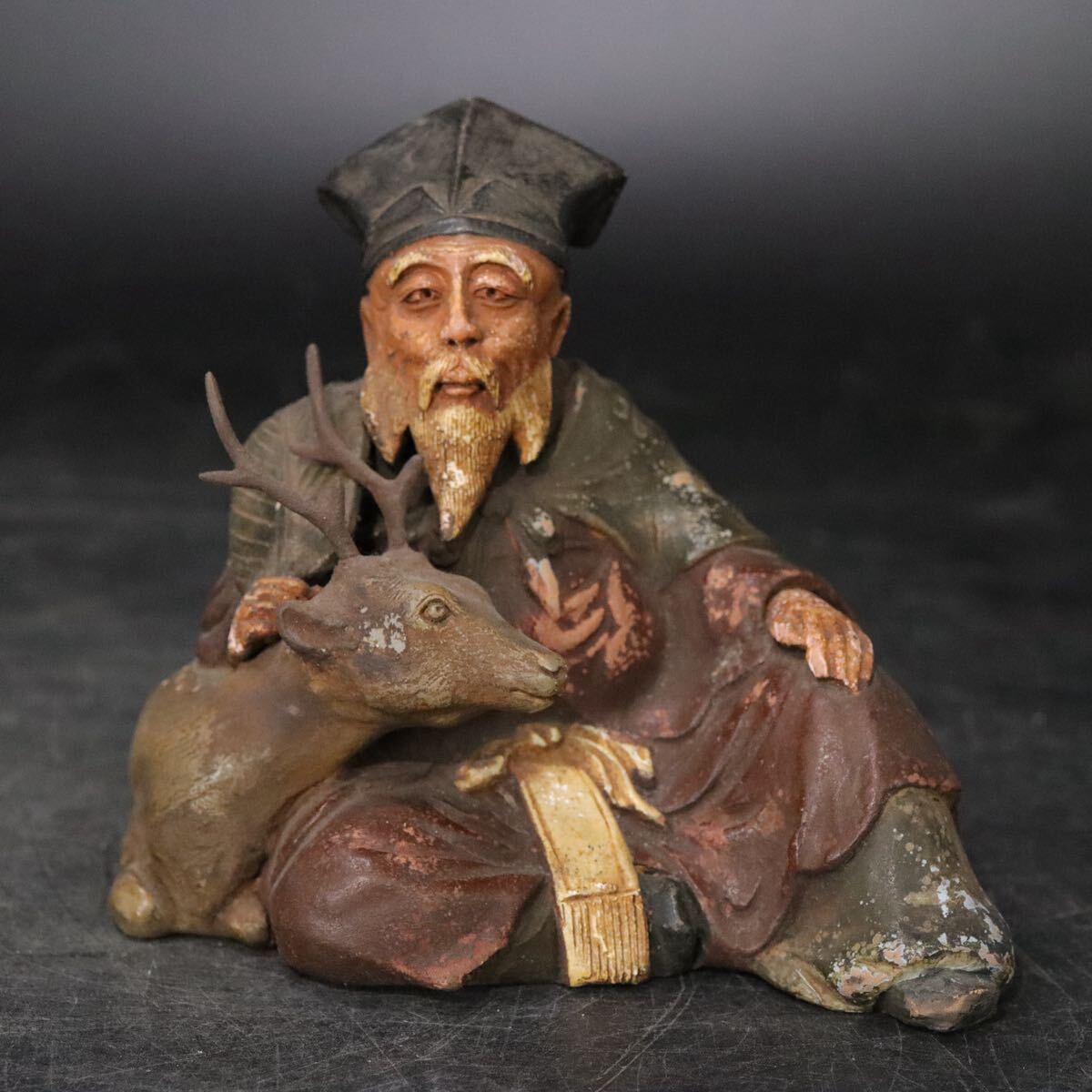 時代 鹿仙人 彩色 陶器人形 共箱 / 細工物 陶磁 色絵 検索: 京焼 絵備前 中国美術 .B708拍卖