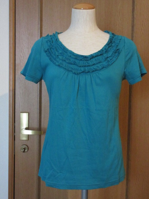T)■日本製■【ATELIER CANBAS アトリエキャンバス】■ターコイズ色/綿100■胸元ギャザー&フリルいっぱい!■Tシャツカットソー ■拍卖