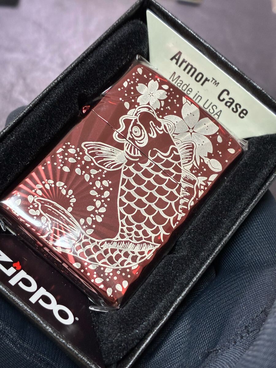 zippo 鯉 アーマー 特殊刻印レッド 希少モデル 2016年製 Armor Case シルバーインナー 2016年製 ケース 保証書付き拍卖