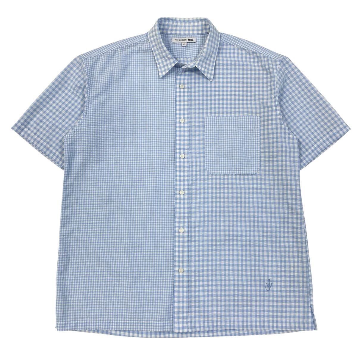 UNIQLO×JW ANDERSON(ユニクロ)シアサッカーシャツ 半袖シャツ チェック柄 メンズL ブルー系/ホワイト拍卖