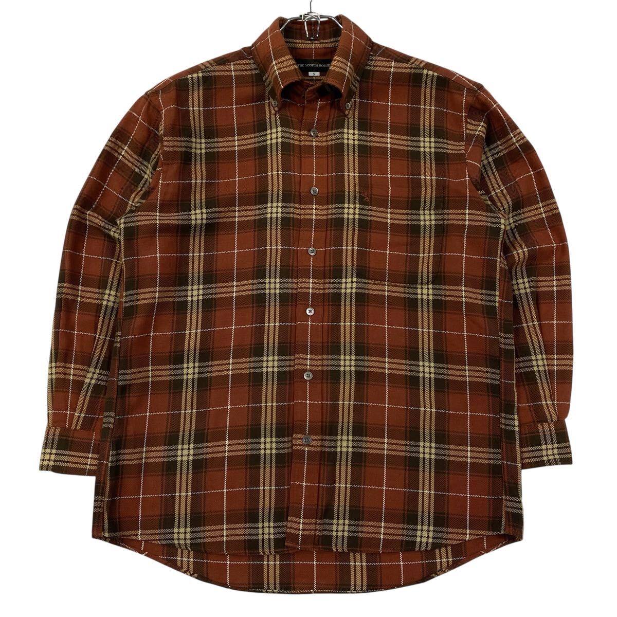 THE SCOTCH HOUSE(ザ スコッチハウス)長袖 ネルシャツ チェック柄 刺繍ロゴ メンズS ブラウン系/ベージュ系拍卖