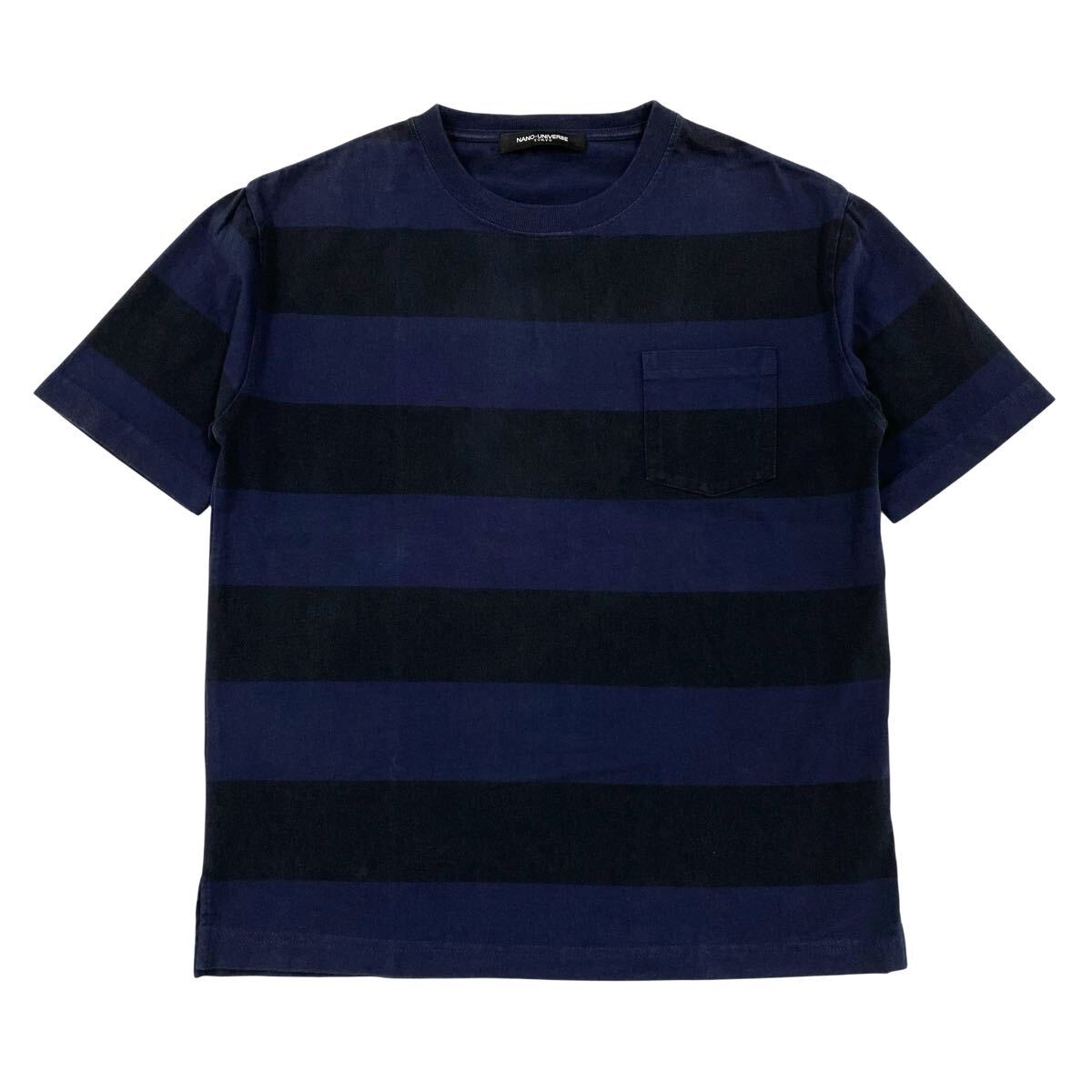 NANO UNIVERSE(ナノユニバース)半袖Tシャツ 胸ポケ ボーダーパターン メンズS ネイビー系/ブラック拍卖