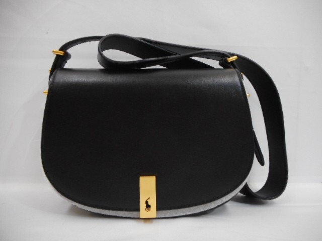 75 送60サ 0731YD03 POLO Ralph Lauren ラルフローレン ID カーフスキン レザーサドルバッグ ショルダーバッグ ブラック 中古品拍卖